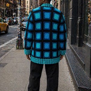 Oversized Men's Crochet Cardigan – Batik Wool Granny Square Patchwork Unisex Sweater