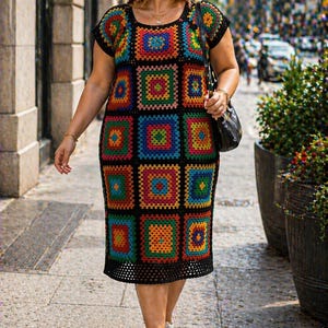Crochet Maxi Dress – 100% Cotton – Custom Plus Size – Granny Square Boho Summer Dress