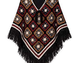 Herr virkad ullponcho, färgglad mormorsruta, handgjord bohemisk kappa