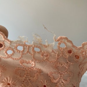 May include: A close-up of a pale pink fabric with a delicate embroidered floral pattern. The fabric has a slightly distressed look, with some of the embroidery threads frayed.