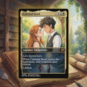 Puede incluir: Una carta de Celestial Bond con borde dorado, que representa a una pareja en un jardín. El texto "Love beyond stars" y "Legendary Enchantment" es visible. La carta también tiene el texto "Lifelink". La imagen muestra a una pareja mirándose.