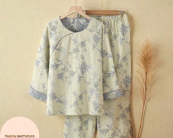 Conjunto de pijama de muselina de algodón: ropa de estar por casa de algodón con estampado retro de bambú