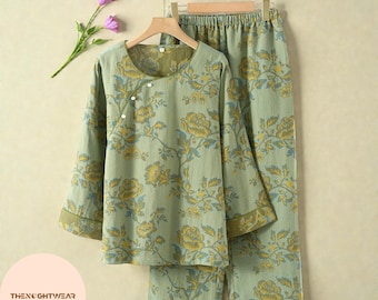 Conjunto de pijama de muselina de algodón: ropa de estar por casa de algodón con estampado retro de bambú