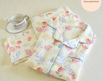 Pijama 100 % algodón: ropa de estar por casa de manga larga con estampado floral de acuarela, ropa cómoda para mujer.