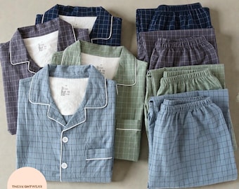 100% Cotton Pajama Set – Japanese Style Men’s Plaid Sleepwear, Lightweight Breathable Homewear