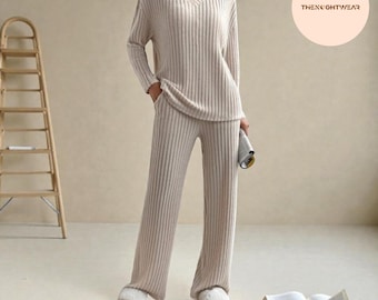 Ribbed Knit Pajama Set | Women's V-Neck Loungewear