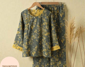 Conjunto de pijama de muselina de algodón: ropa de estar por casa de algodón con estampado retro de bambú