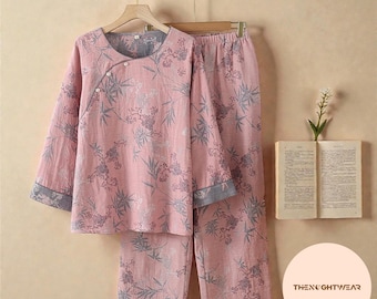 Conjunto de pijama de muselina de algodón: ropa de estar por casa de algodón con estampado retro de bambú