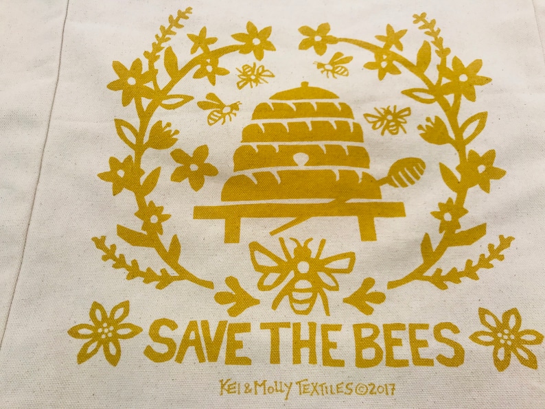 Bees tote bag Save the bees canvas tote gold bee hive tote with pocket handprinted tote reusable bag book bag farmers market bag