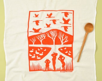 Hand Printed Cranes Flour Sack Towel: Burnt Orange Cotton Tea Towel