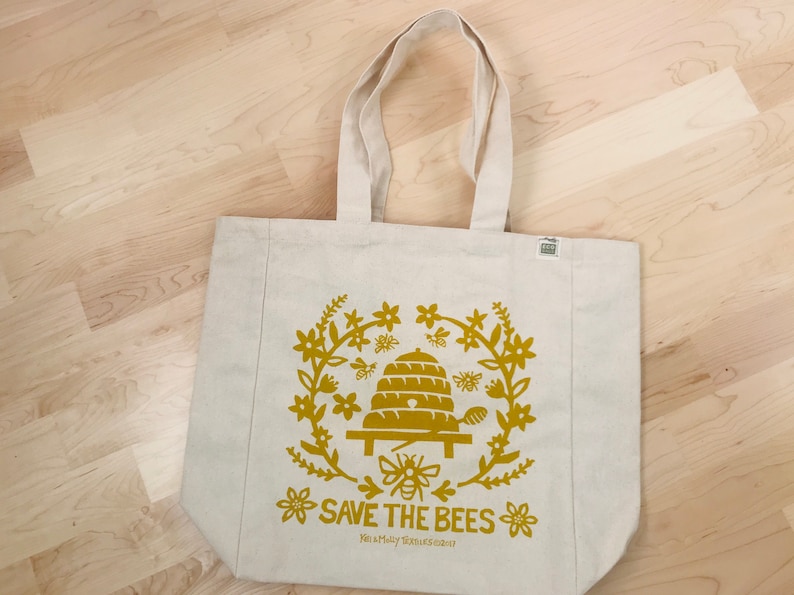 Bees tote bag Save the bees canvas tote gold bee hive tote with pocket handprinted tote reusable bag book bag farmers market bag