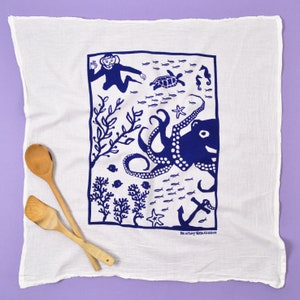 Flour Sack Dish Towel - Octopus: Navy - Cotton Tea Towel - Hand Printed - New Mexico Made