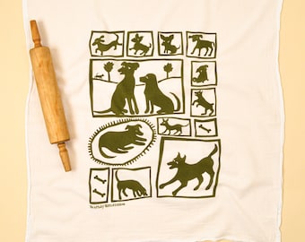 Hand Printed Dog Flour Sack Towel: New Mexico Cotton Tea Towel