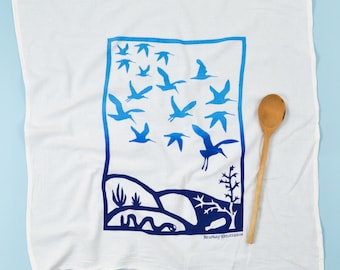 Hand Printed Flour Sack Towel: Two-Tone Bird Migration Design