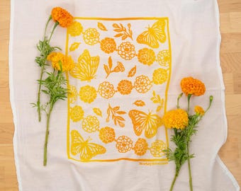 Hand Printed Monarch & Marigold Flour Sack Towel - New Mexico Made