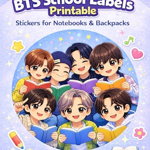 Puede incluir: Ilustración digital con el texto "BTS School Labels Printable" y el logotipo de BTS. La imagen muestra personajes de dibujos animados sosteniendo libros, rodeados de elementos decorativos como estrellas, notas musicales y corazones. También se puede leer "Stickers for Notebooks & Backpacks".