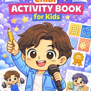 Puede incluir: Portada colorida de un libro de actividades para niños con el título "JUNGKOOK Chibi ACTIVITY BOOK for Kids". La ilustración presenta un niño de dibujos animados sosteniendo un lápiz y un micrófono, rodeado de estrellas y páginas de actividades. El libro incluye juegos, colorear, laberintos y rompecabezas.