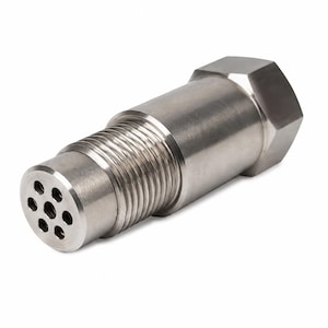 Peut inclure: Un composant métallique cylindrique doté d'une tête hexagonale et d'un corps fileté. L'extrémité plate présente un motif circulaire de sept petits trous régulièrement espacés, avec une finition argentée brossée sur tout l'objet.