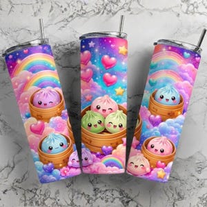 May include: Three cylindrical tumblers with lids and straws, featuring a vibrant design of colorful cartoon dumplings in bamboo steamers, set against a background of rainbows, pink and blue clouds, yellow stars, and floating pink hearts.