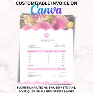May include: A customisable invoice template for Canva featuring a floral header with pink and white flowers, a wavy pink border, and structured fields for business details, item descriptions, unit prices, quantities, and totals in US dollars.