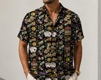 Casino Money Hawaiian Shirt, Lucky Vegas Aloha Button Up, Slot Machine Dollar Print Tropical Shirt, Fun Party Gift for Men Women