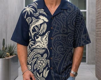 Shark Hawaiian Shirt, Men's Aloha Tiki Button Up, Tropical Floral Boho Beach Shirt, Ocean Summer Vacation Outfit