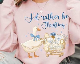 I’d Rather Be Thrifting , Retro Thrift Sweater, Blue Gold Vintage Decor Cart, Boutique Style