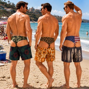 May include: Three individuals wearing swim trunks and matching thongs on a beach. The first pair features a green hibiscus print, the second has an orange geometric pattern, and the third displays a surfboard graphic with a stars and stripes thong.