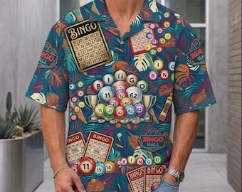 Funny Bingo Hawaiian Shirt, Colorful Aloha Button Up for Men Women, Lucky Game Night Casino Shirt, Summer Party Vacation Outfit