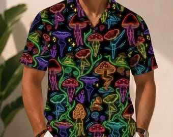 Neon Mushroom Shirt, Trippy Fungi Print Hawaiian Shirt, Funny Novelty Festival Clothing
