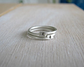 Tiny Initial Sterling Ring/ 925 silver Letter Stacking/ Personalized with Initial/ Set of 2 Stacking Rings/ Midi Knuckle Ring/ Set of 2 ring