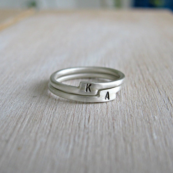 Tiny Initial Sterling Ring/ 925 silver Letter Stacking/ Personalized with Initial/ Set of 2 Stacking Rings/ Midi Knuckle Ring/ Set of 2 ring