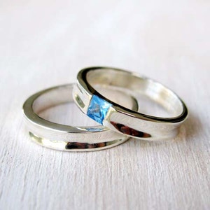 Blue gemstone wedding bands -blue london topaz wedding ring- engagement band -modern geometrical double ring for Her -Blue wedding bands set
