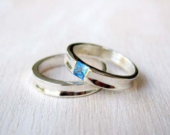 Alianzas de boda de piedra preciosa azul -Anillo de bodas azul de topacio de Londres- Banda de compromiso - Anillo doble geométrico moderno para ella -Conjunto de alianzas de boda azules