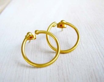 Satin gold earrings, minimal grecian godness studs, simple classic open hoops - 2.0cm 0.8in studs- Greek style hoops- eveyday boho studs