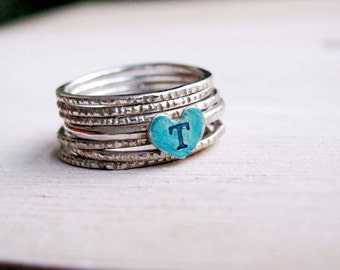 Custom Initial Rings - Set of stacking  rings - Heart stacking rings- stamped letter blue enamel heart -Special Gift for Her- Mother's Day