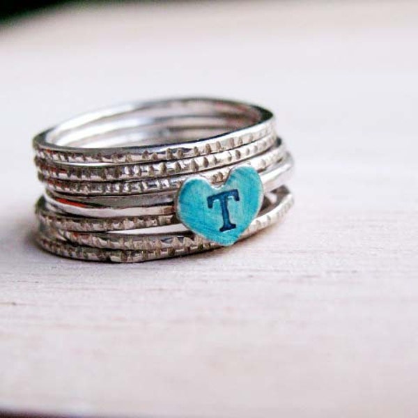 Custom Initial Rings - Set of stacking  rings - Heart stacking rings- stamped letter blue enamel heart -Special Gift for Her- Mother's Day