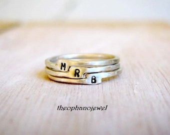 Tiny Initial Silver Ring/ Sterling Silver Letter Stacking/ Personalized with Initial/ Set of Three Stacking Rings/ Midi Knuckle Ring/