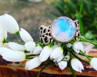 Moonstone Ring, Sterling Silver Ring, Rainbow Moonstone Ring, Wide Band Moonstone Ring, Natural Round Iridescence Moonstone, June Birthday