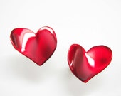 Valentine's heart studs or clip on earrings - vivid red enamel posts- big heart posts- romantic passion red  wedding earrings