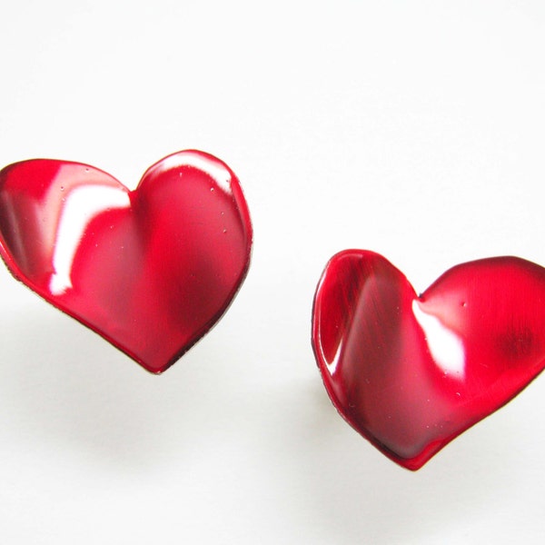 Valentine's heart studs or clip on earrings - vivid red enamel posts- big heart posts- romantic passion red  wedding earrings