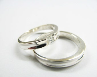 Handmade wedding bands - white swarovski square stone- engagement ring-modern geometrical style
