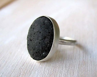 Lava stone ring sterling silver, Greek Santorini Stone Ring, Summer wedding Solitaire ring, Natural stone engagement ring, Cocktail ring