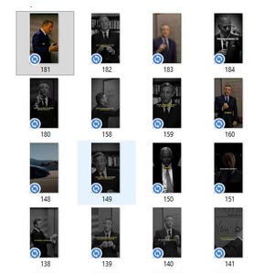 May include: A collection of small, vertical images featuring men in suits. The images are in black and white and color. Some images have text and numbers. The images are numbered 138-184.