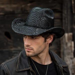 Black Snakeskin Cowboy Hat, Genuine Leather Western Style, Exotic Python Texture, Unisex Festival Fashion