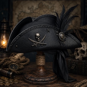 Könnte beinhalten: Ein schwarzer Dreispitz mit einem metallischen Totenkopf- und Knochenemblem an der Seite, verziert mit einer runden Ziernadel und schwarzen Federn. Der Hut hat eine strukturierte Oberfläche mit detaillierten Rändern und einer schwarzen Schärpe.