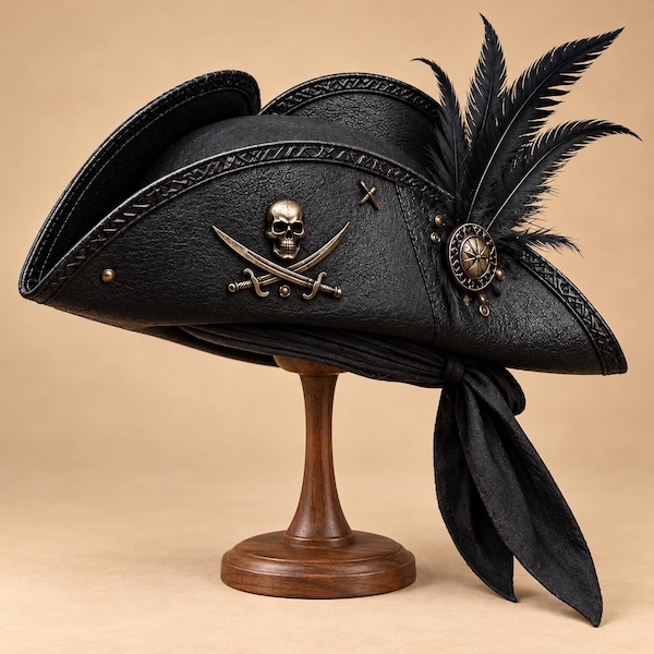 Pirate Tricorn Hat, Gothic Costume Headwear for Renaissance Cosplay, Buccaneer Outfits and Halloween Parties