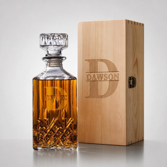 A premium engraved glass decanter with a proper wood presentation box — the kind of groomsmen gift that actually gets kept on a bar cart forever.