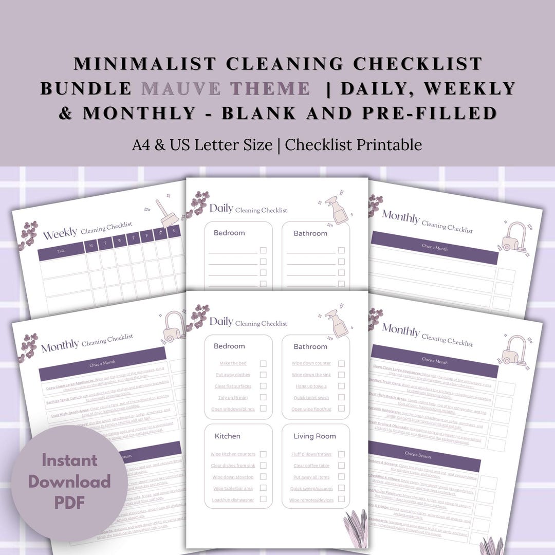 Minimalist Cleaning Checklist Bundle Mauve Theme | Daily, Weekly ...