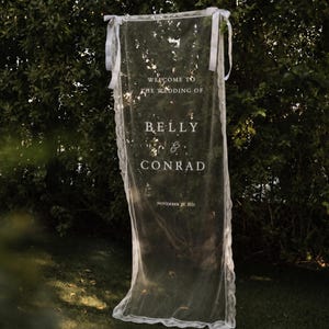 May include: A sheer, rectangular wedding sign with white text that reads "Welcome to the Wedding of Belly & Conrad November 29, 2025." The sign is trimmed with lace and tied with white ribbons, hanging in front of a green, leafy background.
